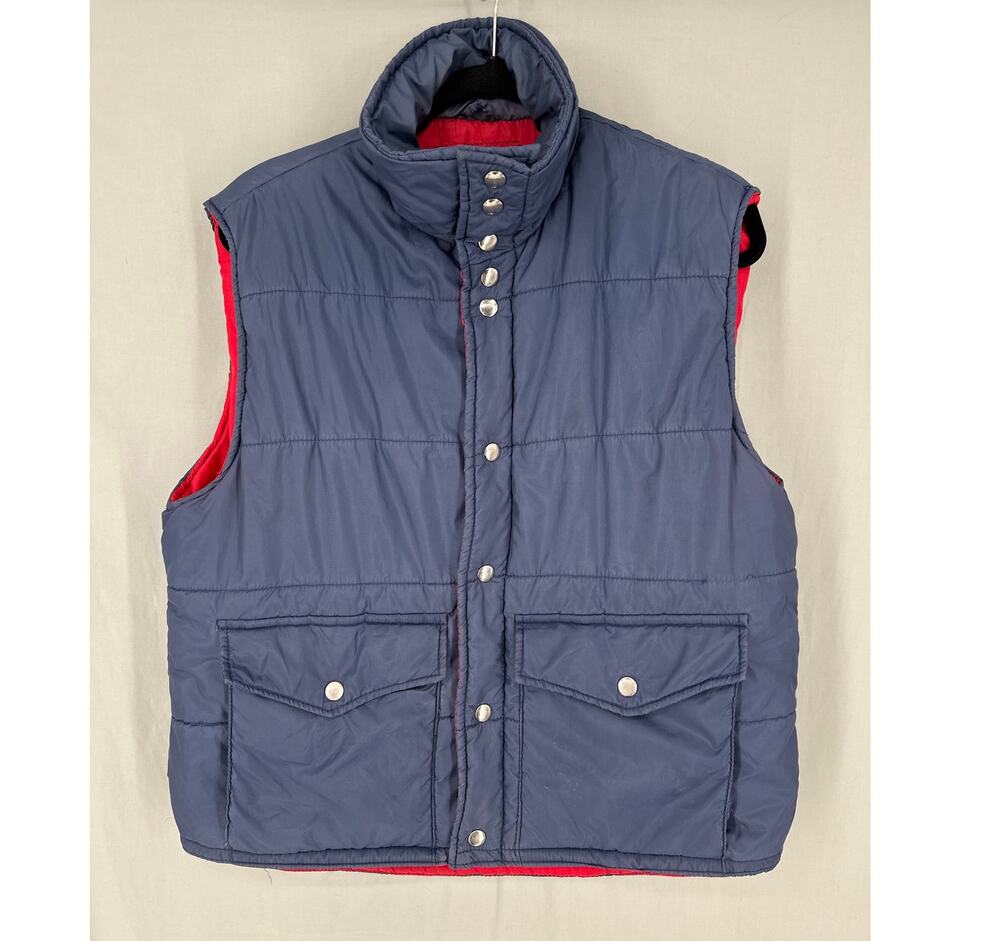 Vintage Puffer Vest Mens Medium Navy Blue Snap Pockets Nylon Red Lining